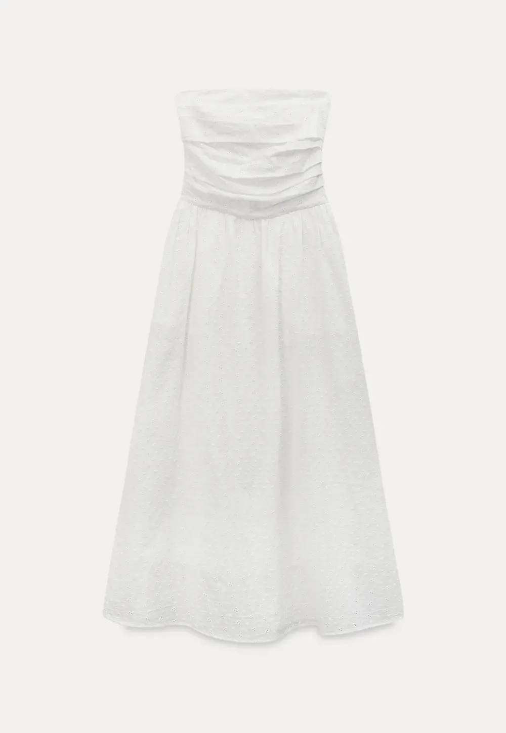 Strapless A-line Midi Dress with Ruched Bodice