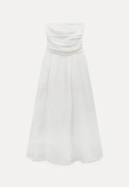 Strapless A-line Midi Dress with Ruched Bodice