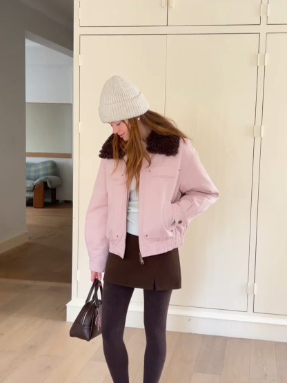 Stylish Short Jacket with Faux Fur Collar and Elastic Hem