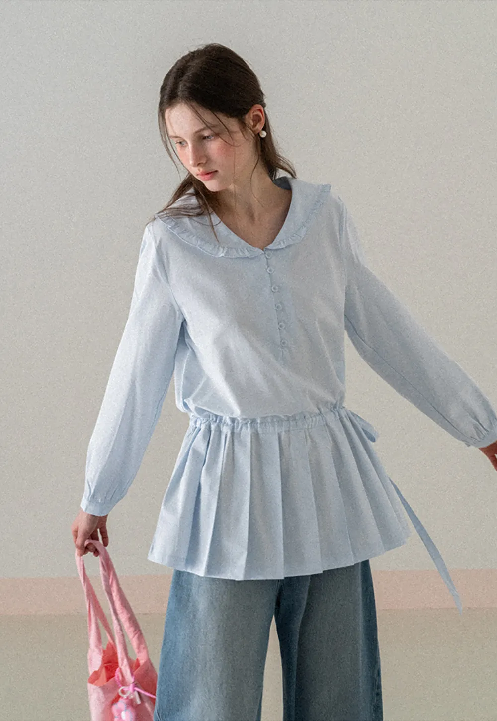 Pleated Hem Long Sleeve Blouse with Ruffled Collar