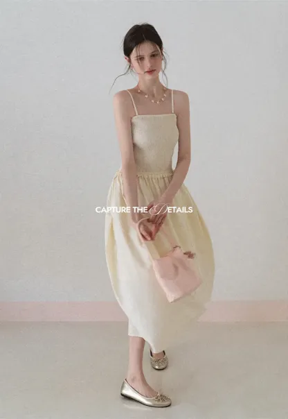 Strapless Smocked Bodice A Line Midi Dress