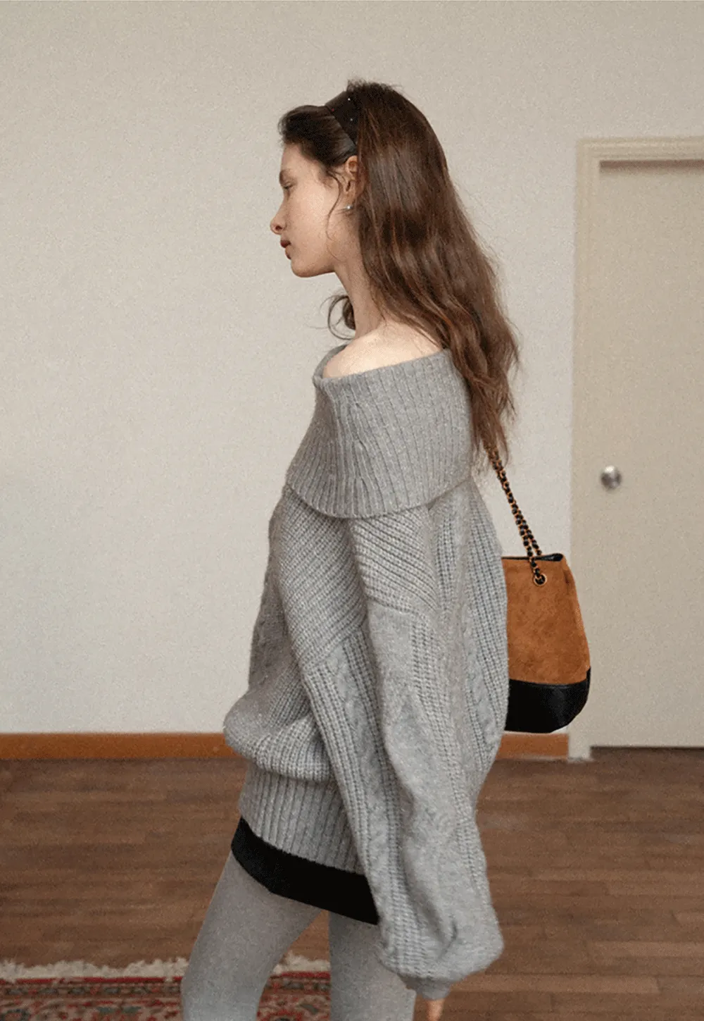 Gray Cable-Knit Turtleneck Sweater