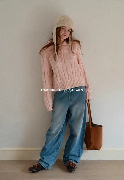 Cable Knit Turtleneck Sweater with Ribbed Sleeves and Hem