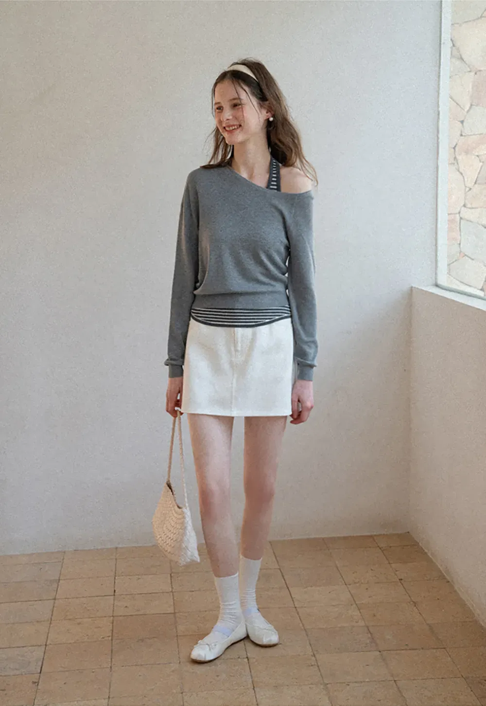 Off Shoulder Long Sleeve Knit Sweater with Striped Trim