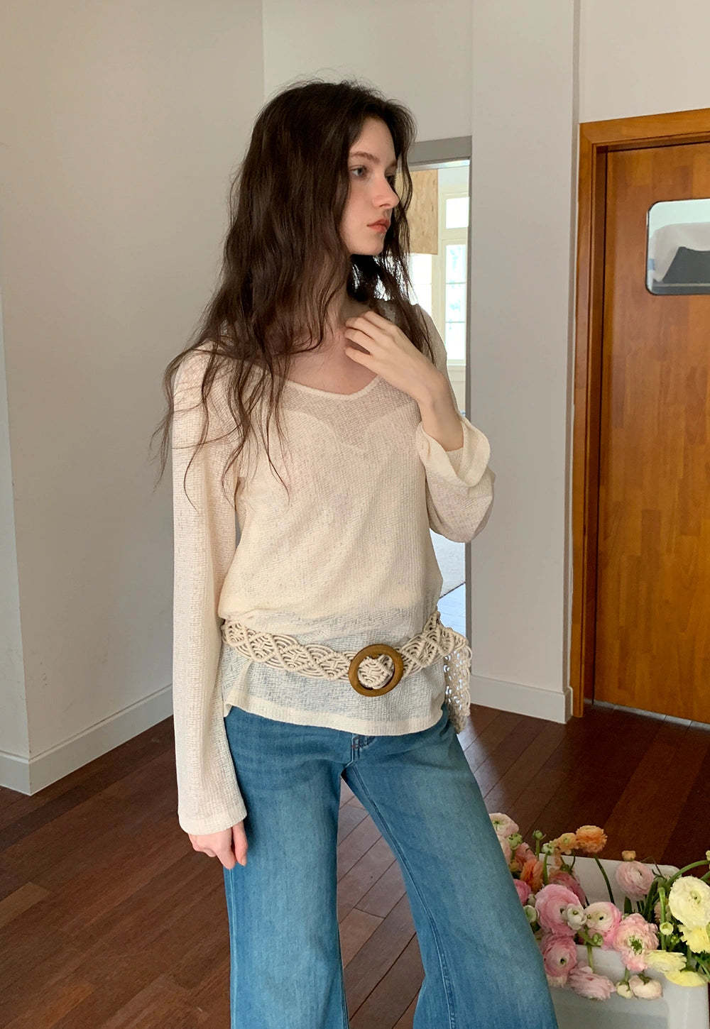Boho-Inspired Beige Knit Top with Crochet Belt