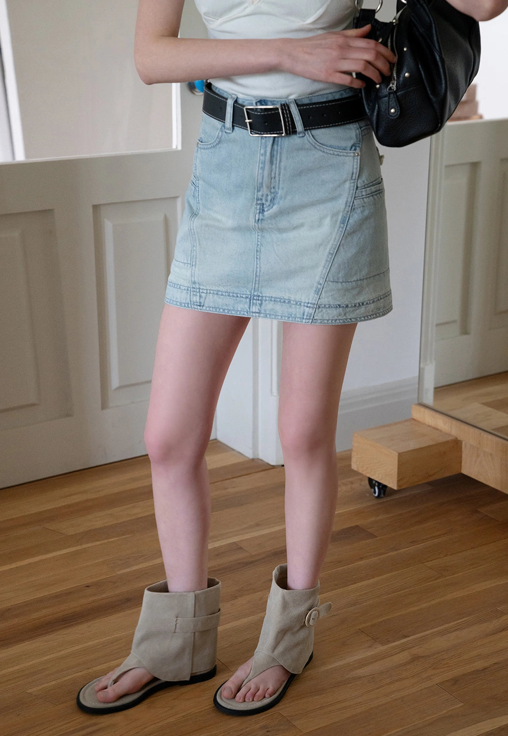 Women's A-Line Denim Mini Skirt with Contrast Belt