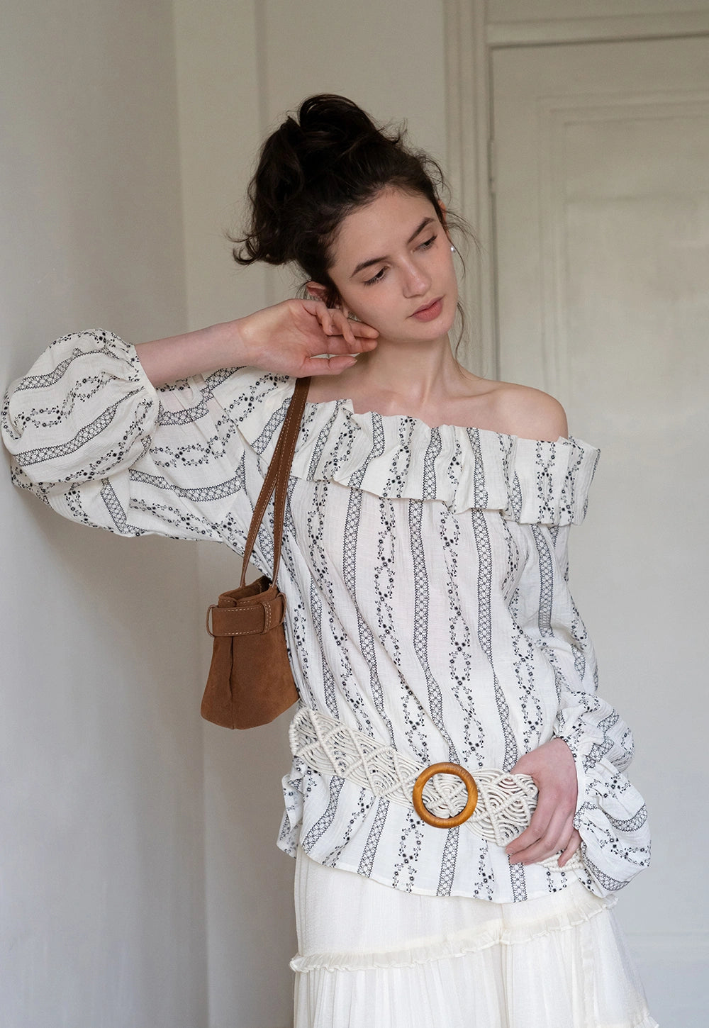 Women's Off Shoulder Ruffle Blouse with Puff Sleeves
