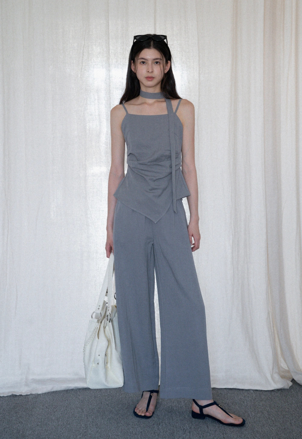 Women's 2 Piece Set – Asymmetrical Strap Top and Wide Leg Pants Outfit