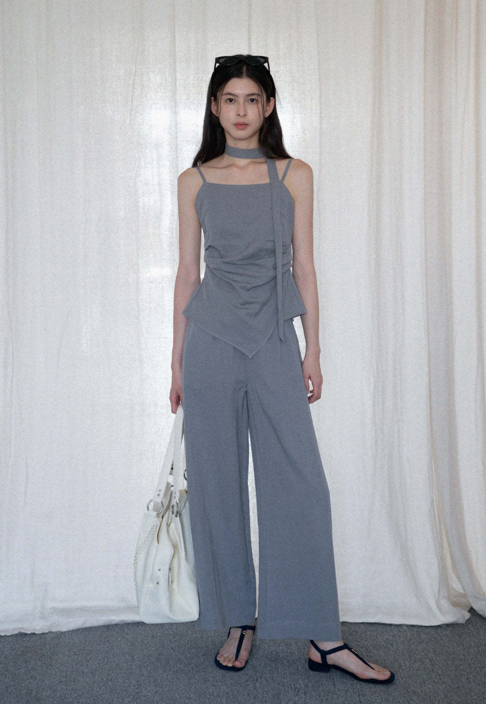 Women's 2 Piece Set – Asymmetrical Strap Top and Wide Leg Pants Outfit
