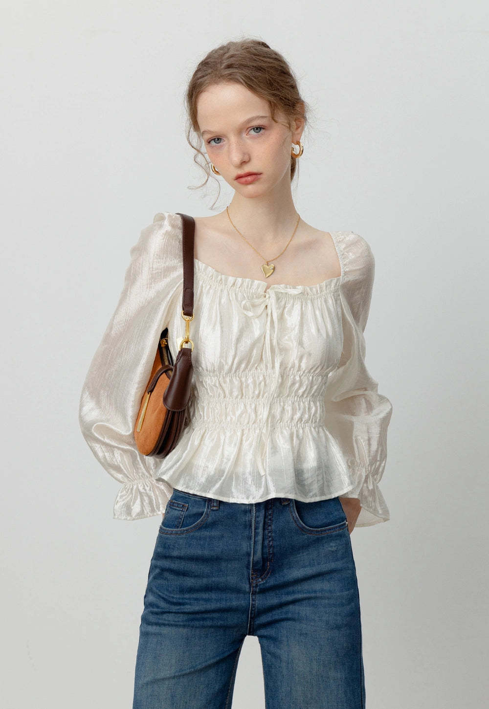 Women's Satin Smocked Blouse with Puff Sleeves
