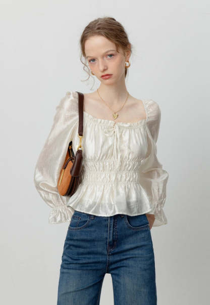 Women's Satin Smocked Blouse with Puff Sleeves