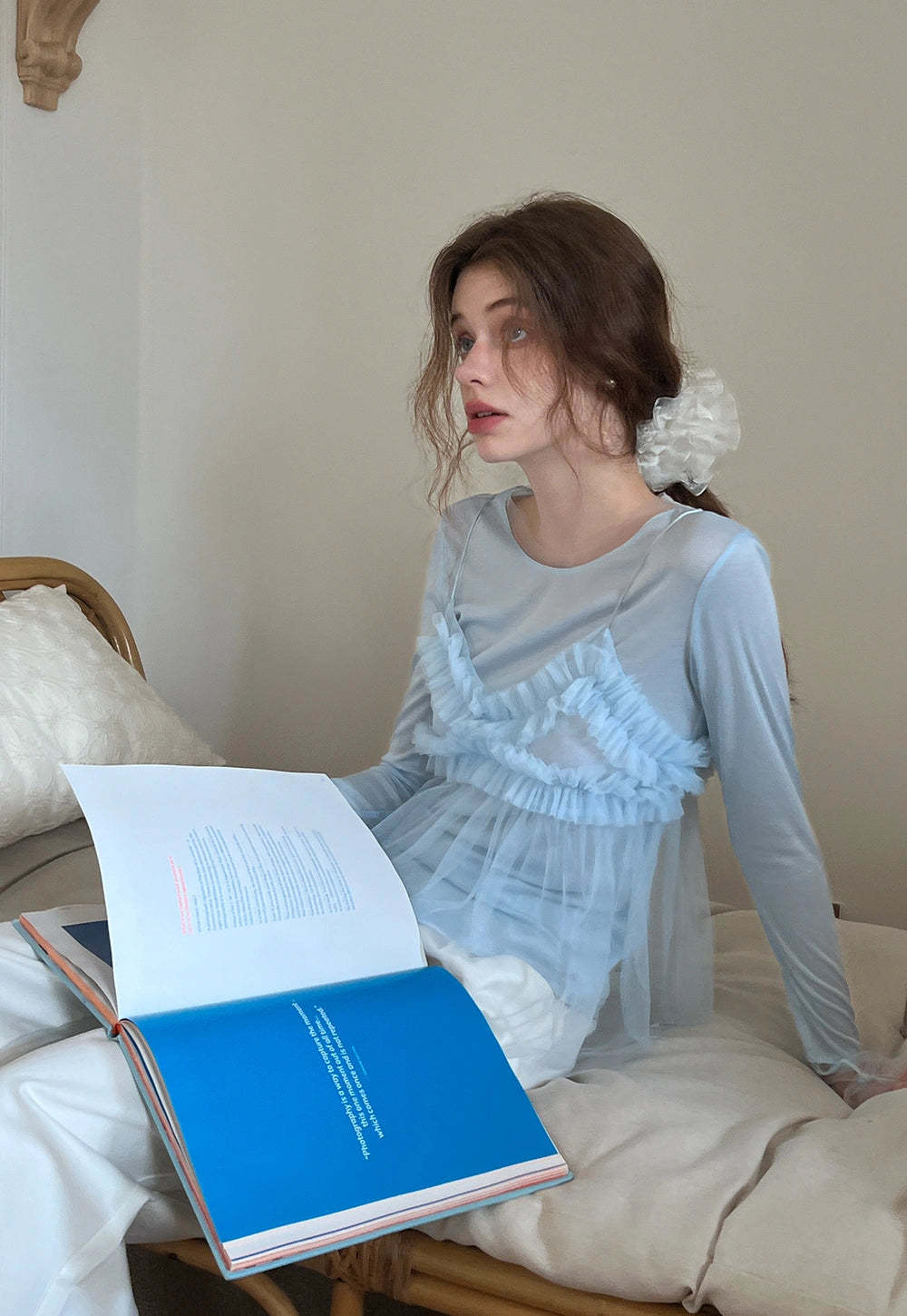 Chic Ruffled Mesh Overlay Long-Sleeve Top