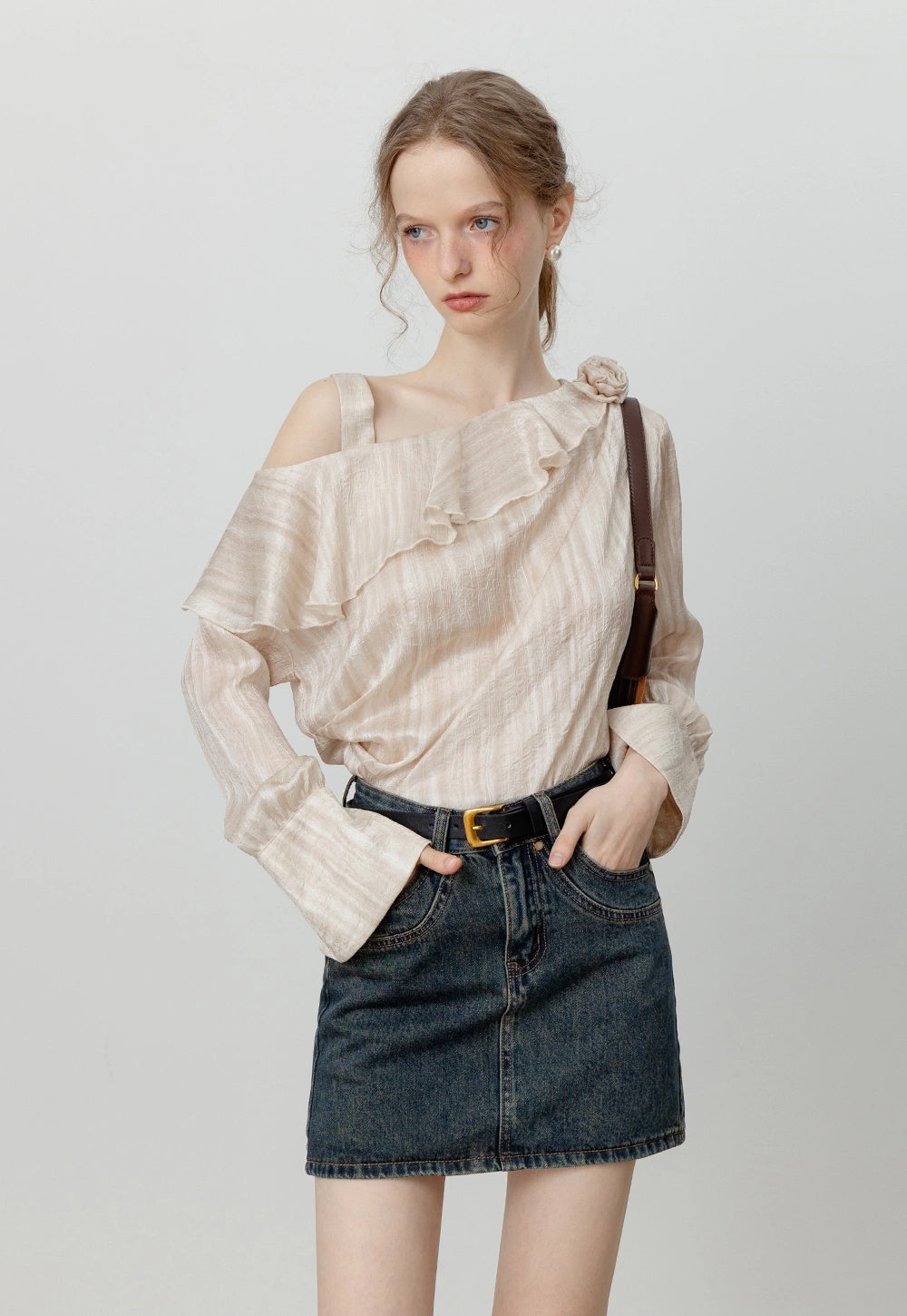Women's One Shoulder Long Sleeve Ruffled Top