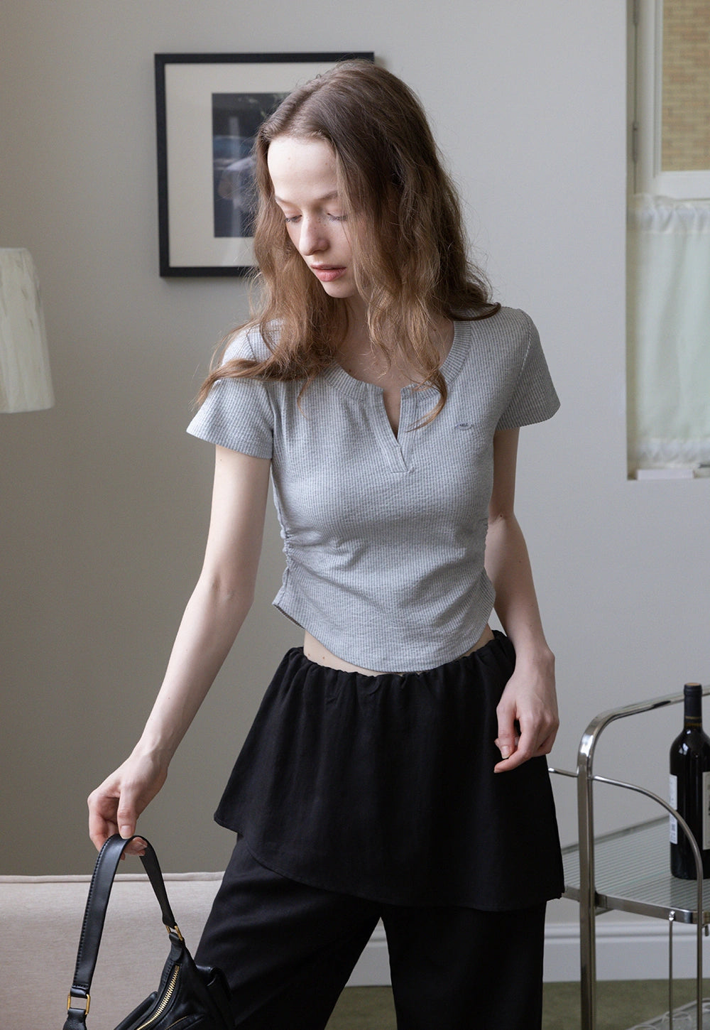 Waffle Knit Notch Neck Fitted T-Shirt