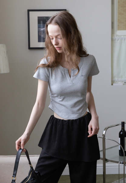 Waffle Knit Notch Neck Fitted T-Shirt