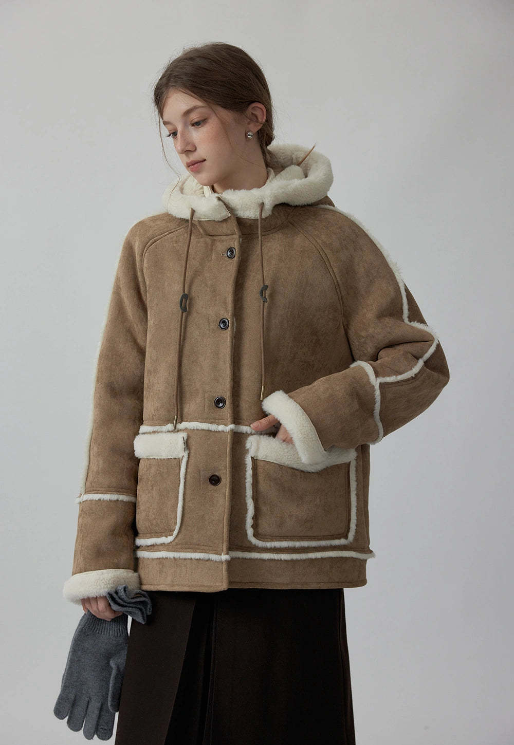 Women's Stand Collar Drawstring Faux Fur Lamb Wool Fleece Jacket