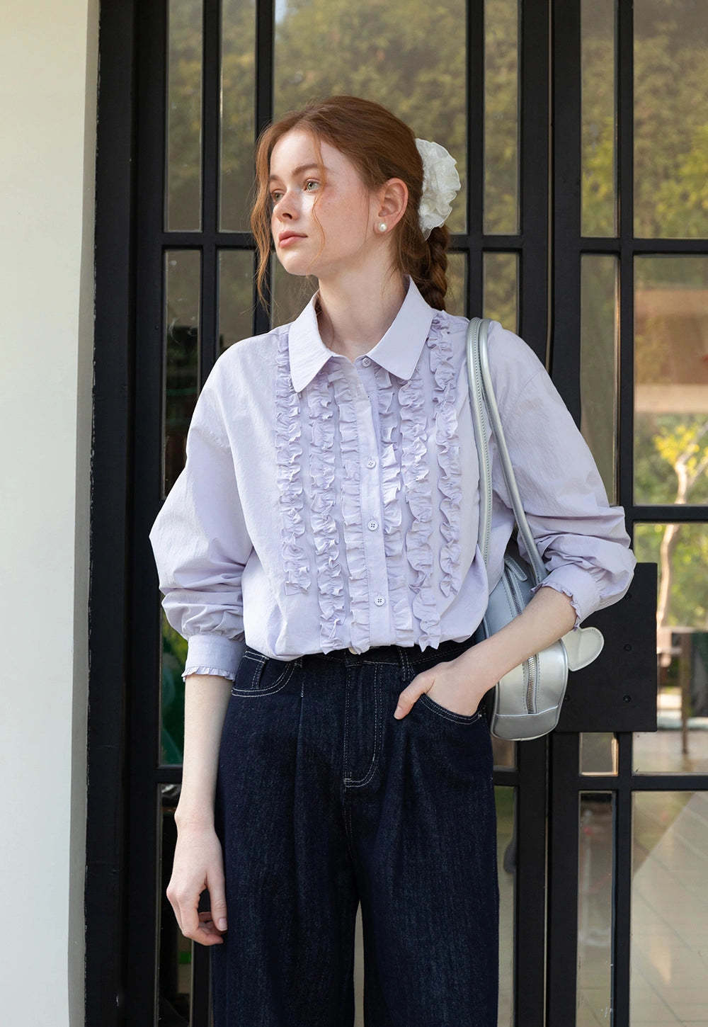 Women’s Lavender Ruffle-Front Button-Up Blouse