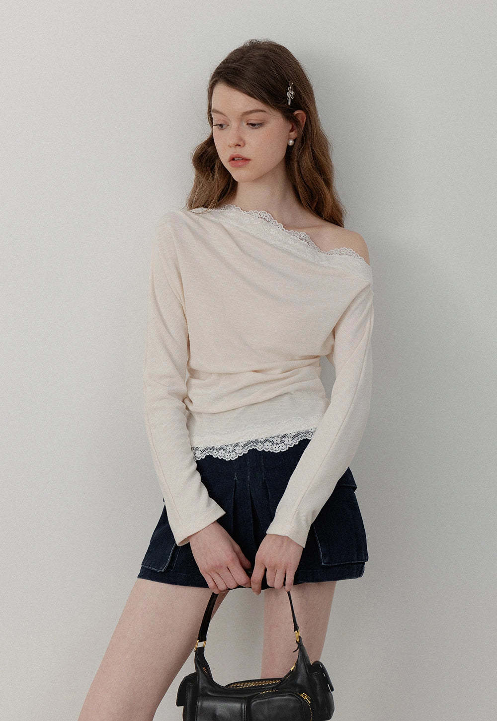 Women’s One Shoulder Long Sleeve Lace Trim T-Shirts