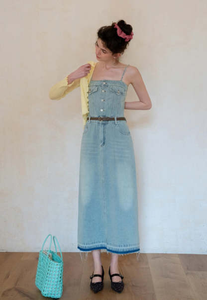 Women’s Denim Button Front Midi Dress with Belt