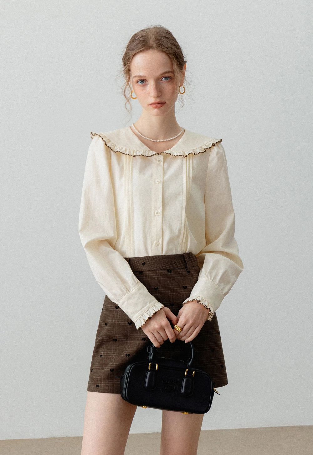 Women's Ruffled Collar Blouse with Plaid Mini Skirt Set