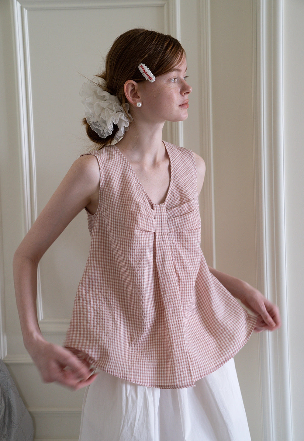 Bow Tie Pleated Textured Plaid Vest Top