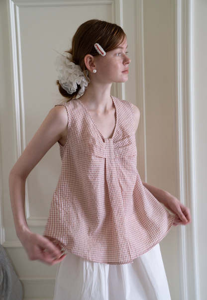 Bow Tie Pleated Textured Plaid Vest Top