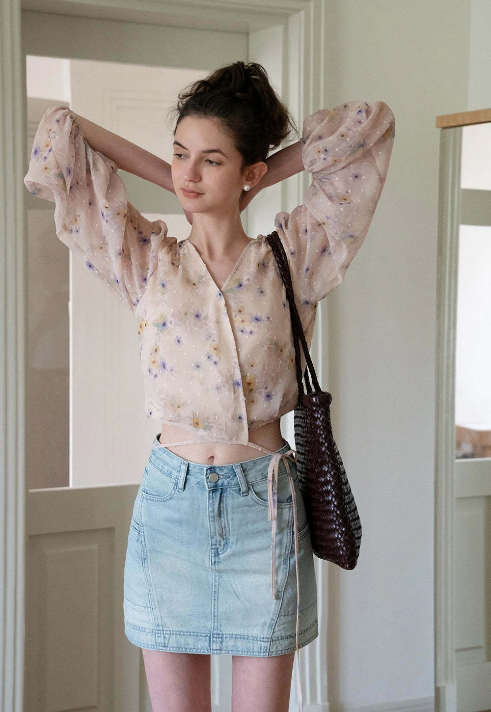 Floral Puff Sleeve Crop Blouse