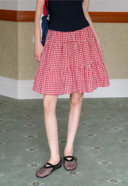 Gingham Pattern Tiered Skirt