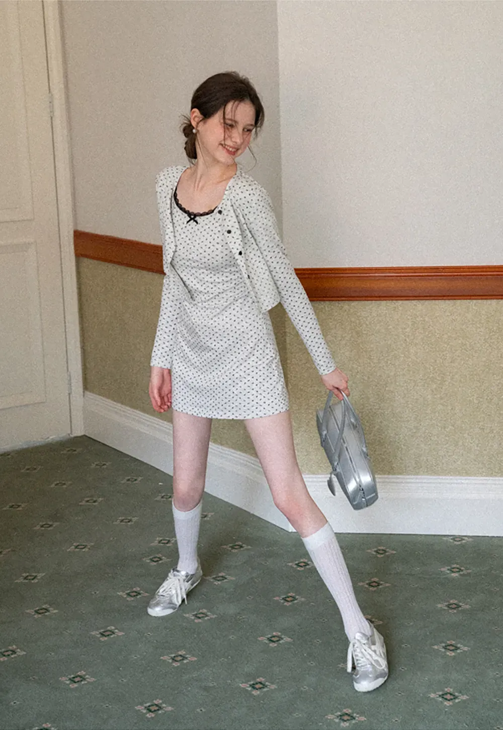 Polka dot dress with lace trim and matching cardigan