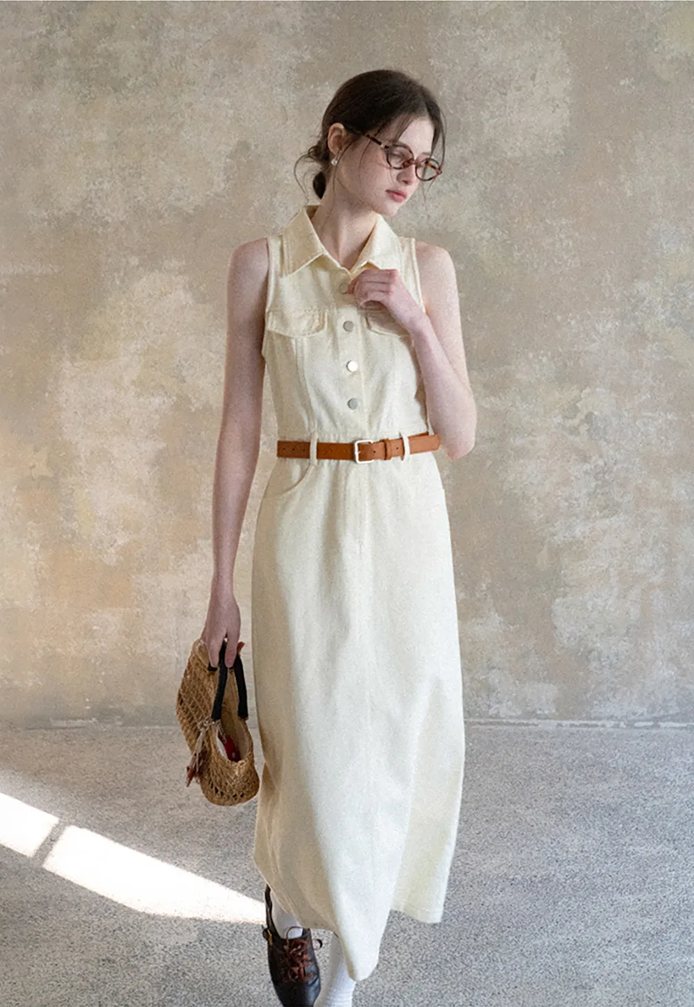 Sleeveless Collared Button Front Midi Dress