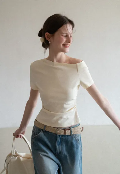 Off shoulder short sleeve fitted t shirt