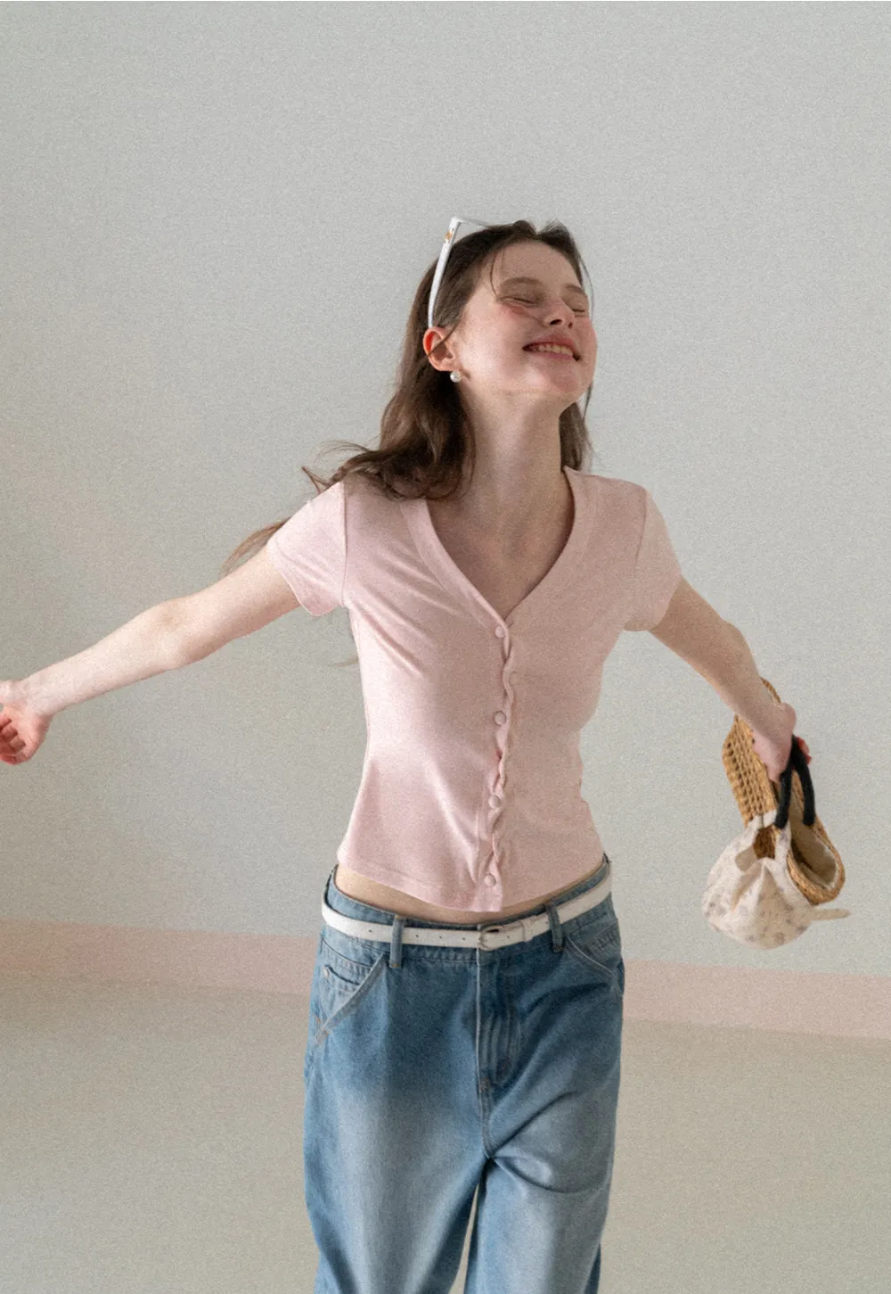 V neck short sleeve button front top