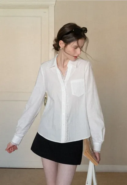 Elegant Lace Trim Button Down Shirt