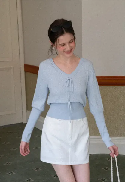 V Neck Knit Sweater with Front Tie Detail