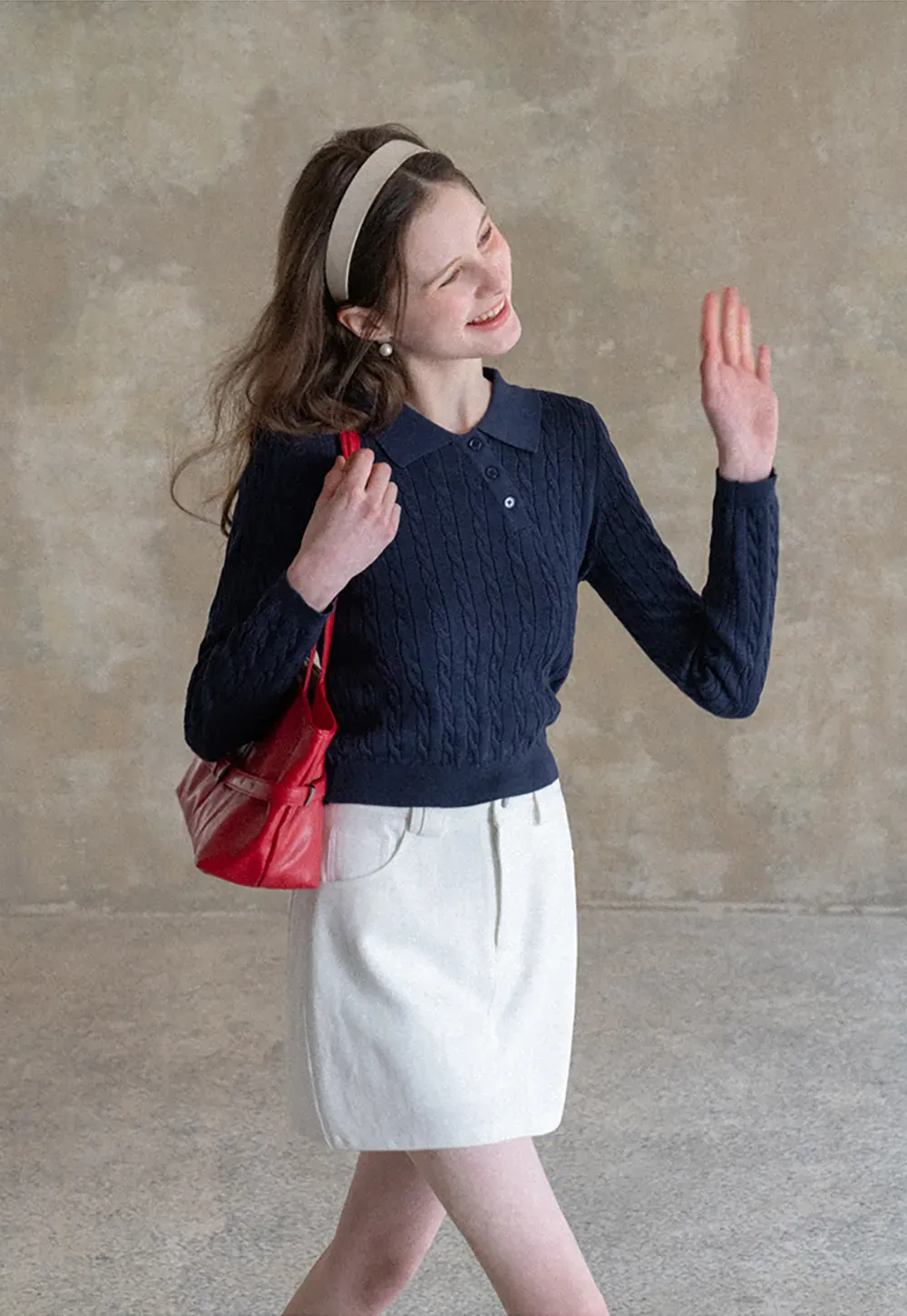 Cable Knit Long Sleeve Polo Neck Cropped Sweater