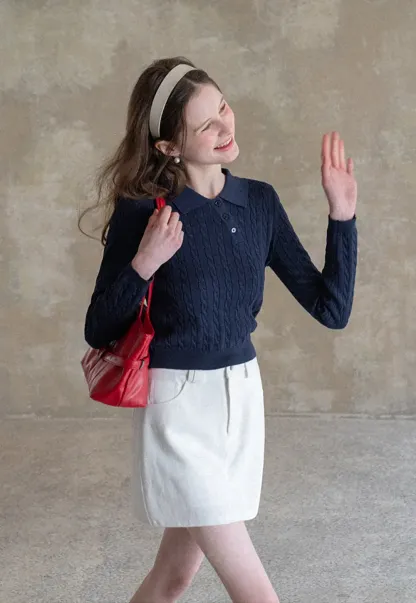 Cable Knit Long Sleeve Polo Neck Cropped Sweater