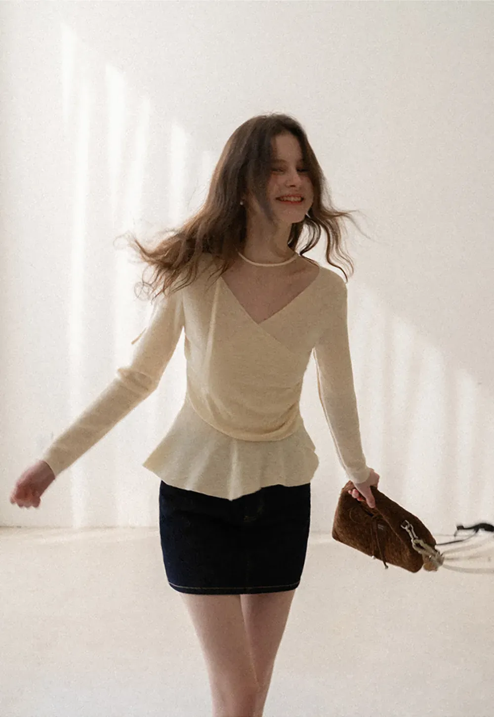 Long sleeve wrap knit sweater with ruched detail