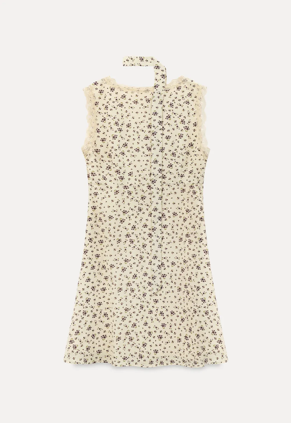 Floral Print Sleeveless Dress with Lace Trim and Choker Neckline