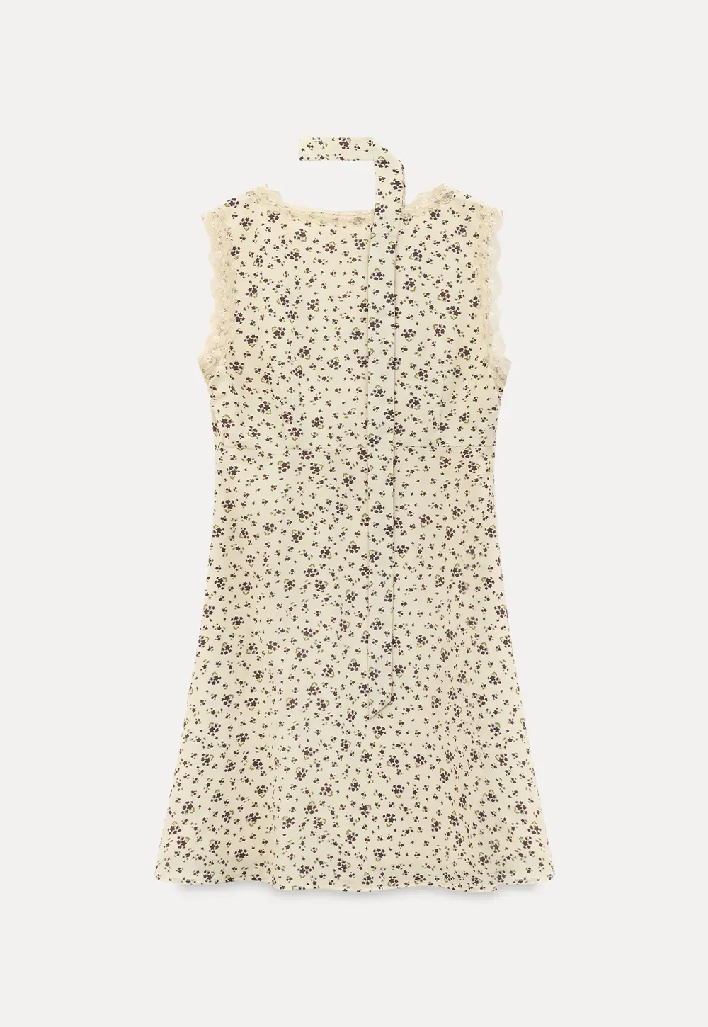 Floral Print Sleeveless Dress with Lace Trim and Choker Neckline