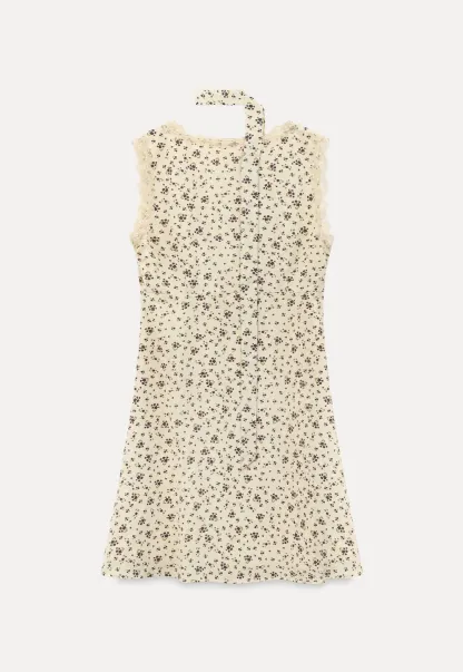 Floral Print Sleeveless Dress with Lace Trim and Choker Neckline
