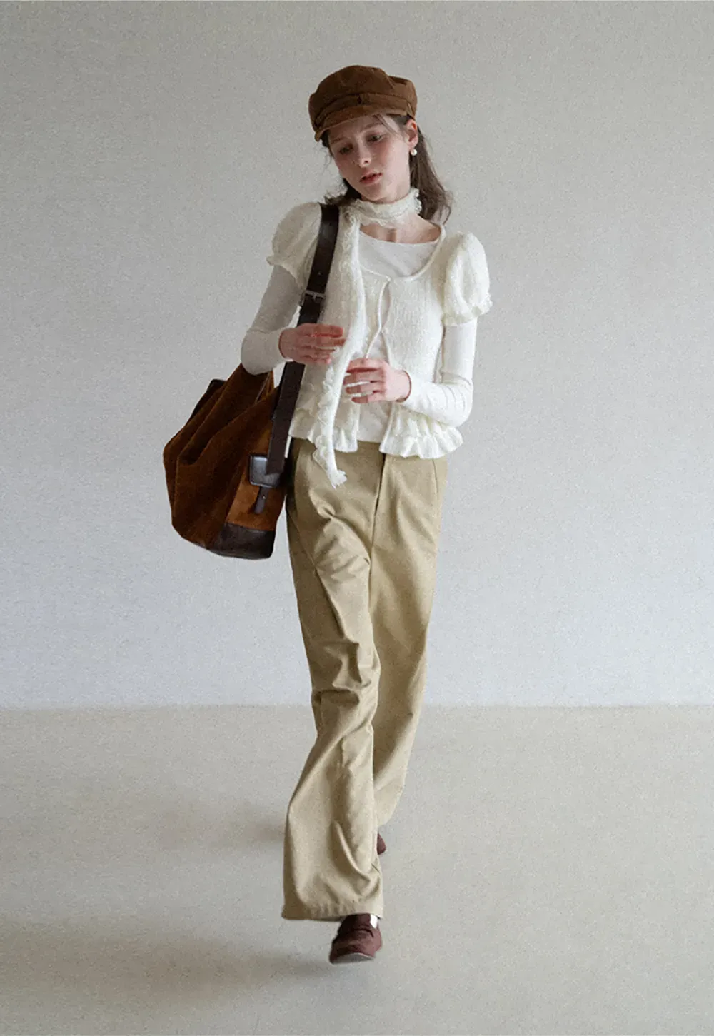 floral lace top with puffed sleeves and ruffled hem