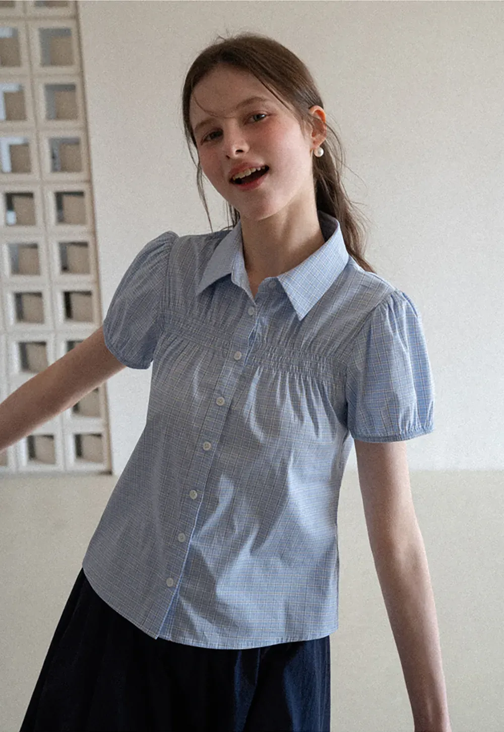 Short Sleeve Button Up Shirt with Pleated Detail