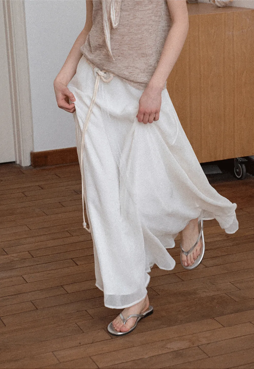 Flowy Maxi Skirt with Lace Trim and Drawstring Waist