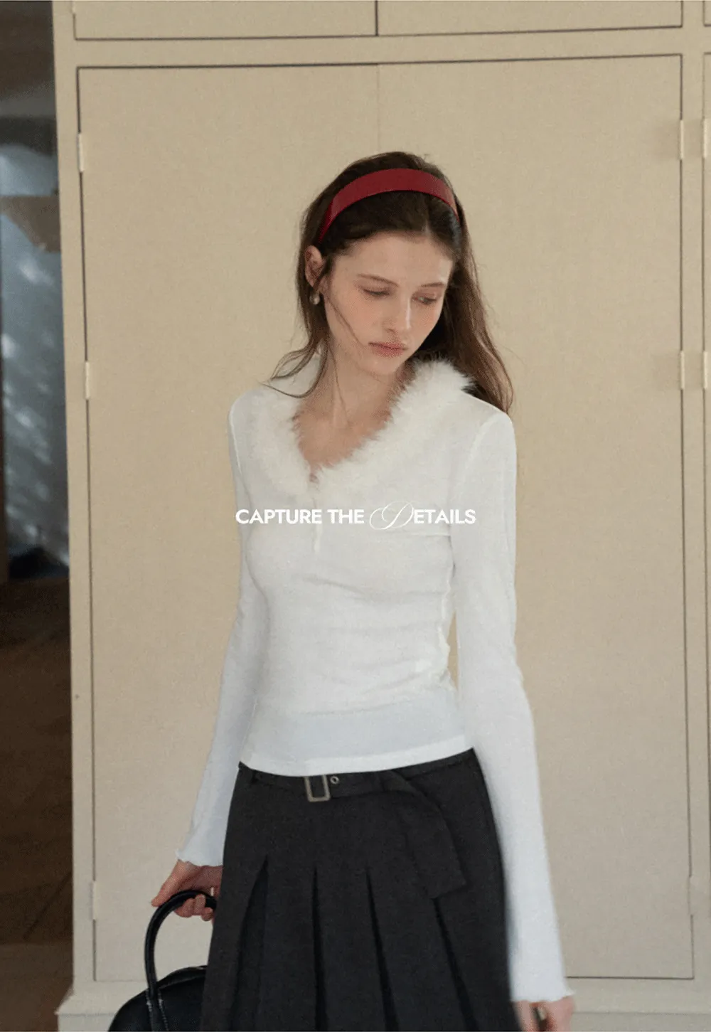 fluffy collar long sleeve top with flared cuffs