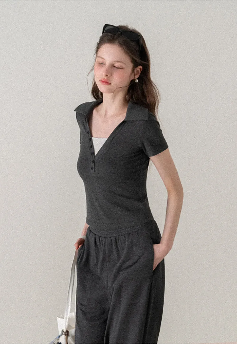 Polo shirt with buttons and wide leg casual pants