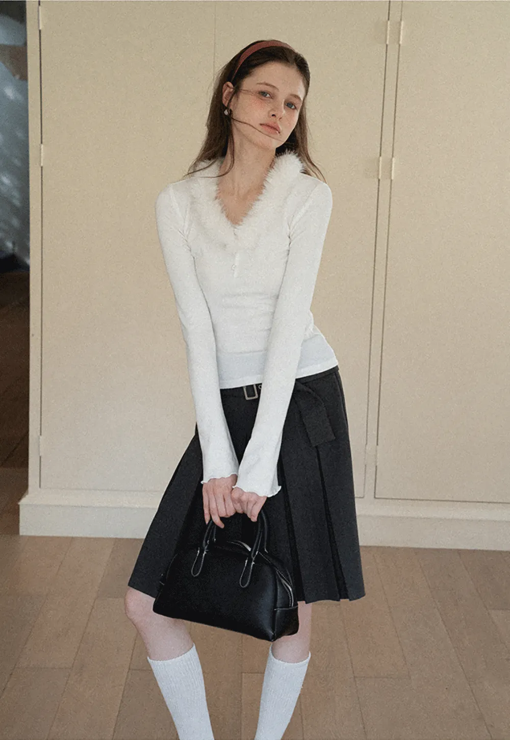 Pleated A Line Skirt with Belt Detail