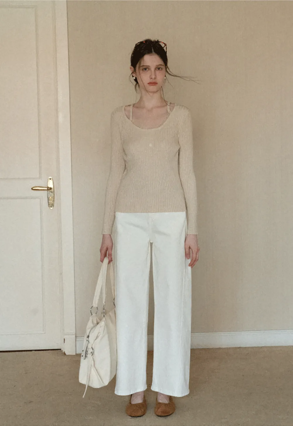 Ribbed knit sweater with boat neck and long sleeves