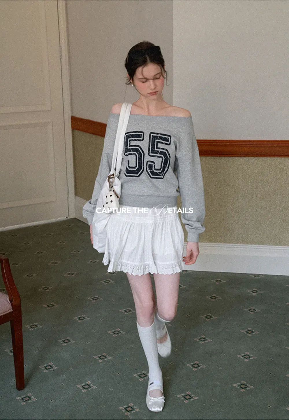 Off Shoulder Sweatshirt with Number Print