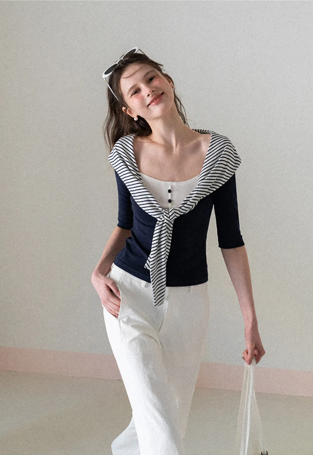 Striped collar tie front short sleeve top