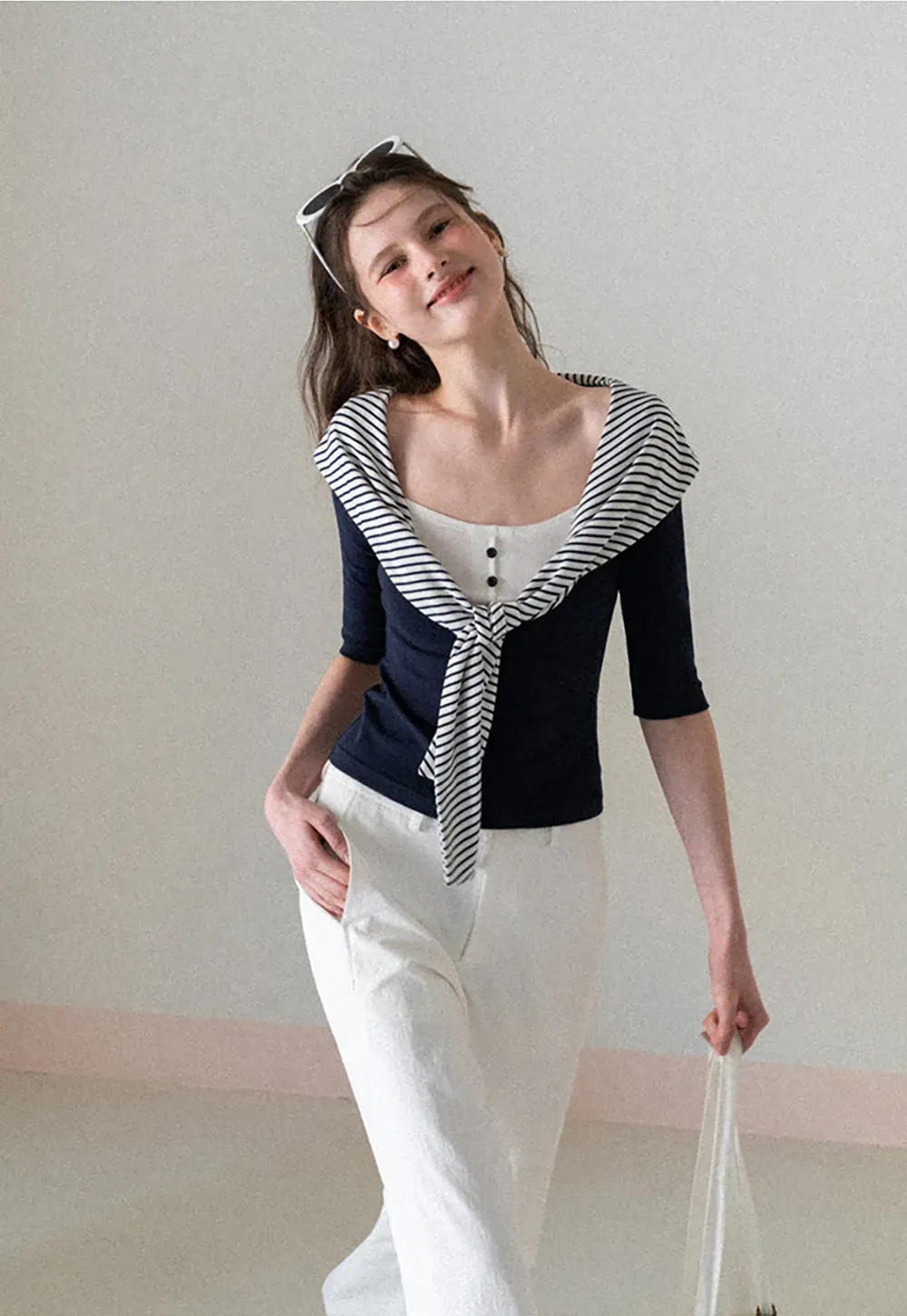 Striped collar tie front short sleeve top